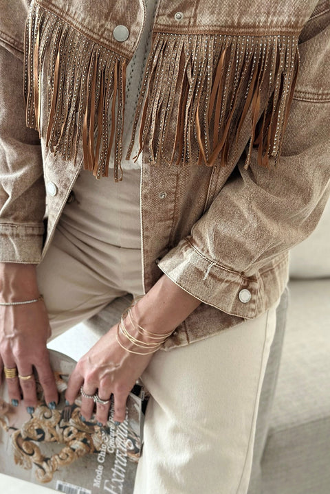 Brown Rhinestone Fringed Cowgirl Fashion Denim Jacket