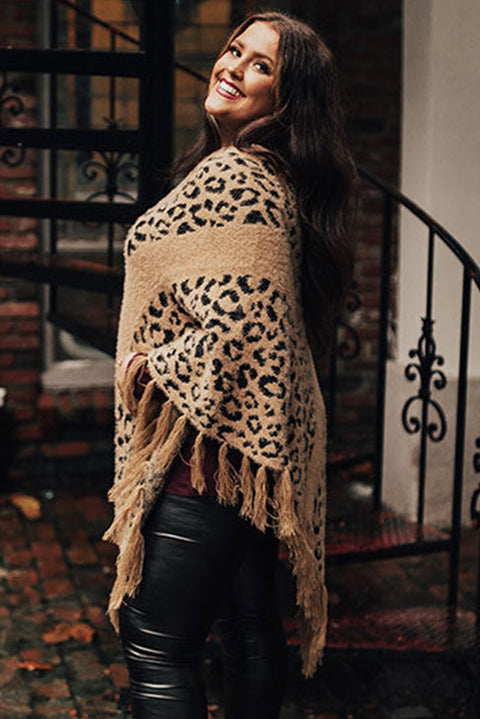 Leopard Plus Size Tasseled Hem Draped Poncho