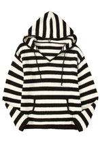 White Stripe V Neck Pocketed Drawstring Hooded Sweater