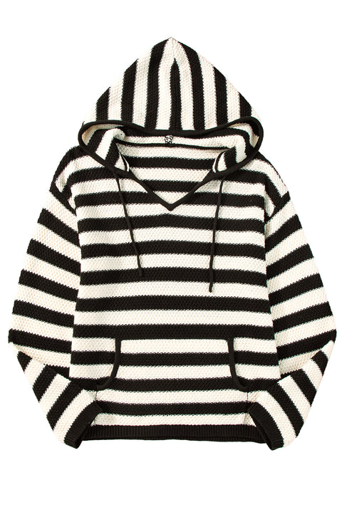 White Stripe V Neck Pocketed Drawstring Hooded Sweater