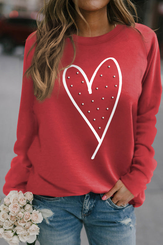 Red Valentine Heart Beaded Graphic Sweatshirt