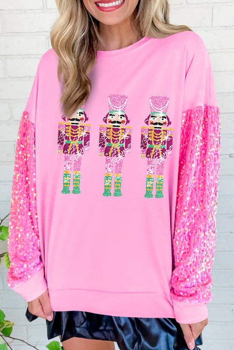 Pink Christmas Nutcracker Graphic Sequin Sleeve Sweatshirt