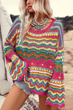 Rose Red Colorblock Striped Hollowed Knit Loose Sleeve Sweater