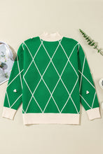 Dark Green Diamond Pattern Pom Accents Contrast Trim High Neck Sweater