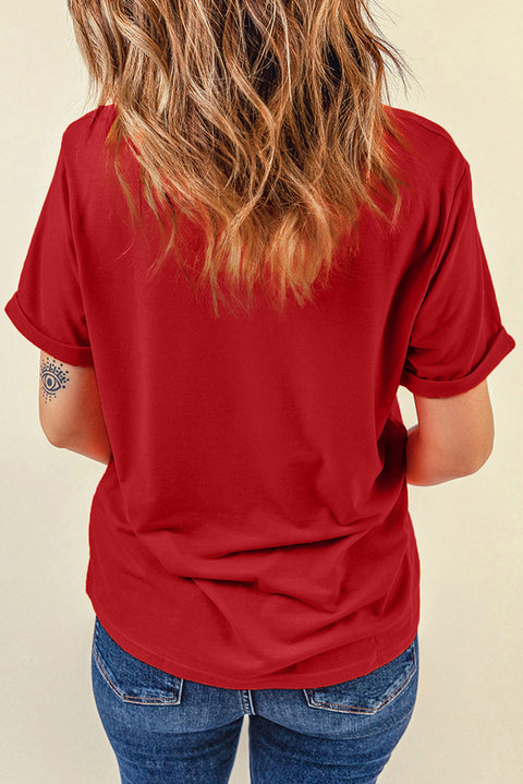 Camiseta roja con cuello redondo y estampado de leopardo SANTA