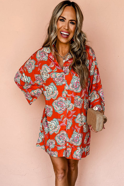 Red Floral Print Lapel Collar Loose Shirt Mini Dress