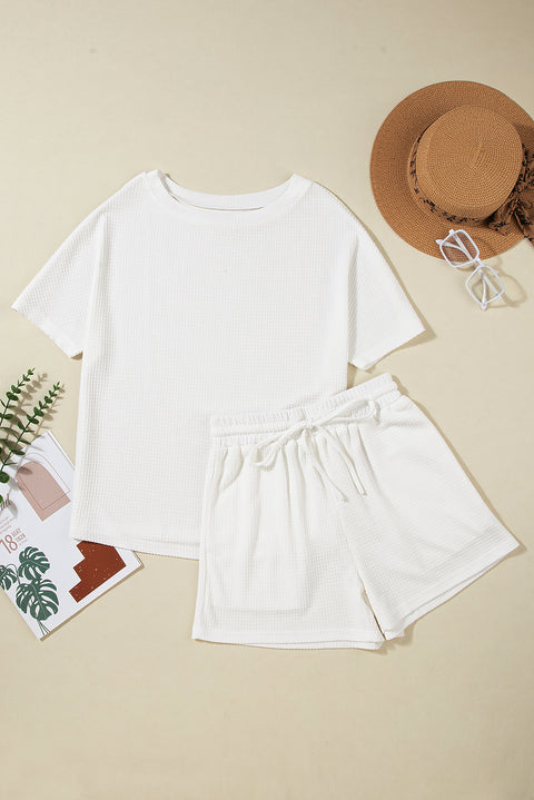 White Casual Textured Tee and Drawstring Shorts Set