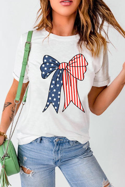 White American Flag Bow Knot Print Slim Fit Crewneck Tee