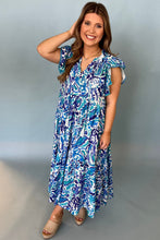 Sky Blue Plus Abstract Print Split Neck Ruffled Sleeve Tiered Long Dress