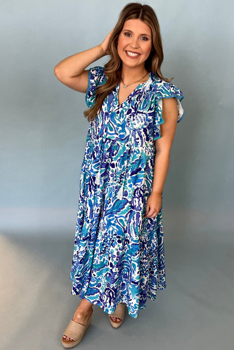 Sky Blue Plus Abstract Print Split Neck Ruffled Sleeve Tiered Long Dress