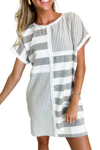 Gray Stripe Mixed Printed Short Sleeve Shift Mini T Shirt Dress