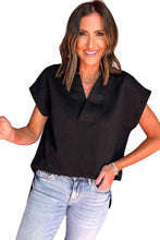 Black Textured V Neck Collared Short Sleeve Top