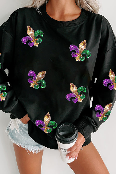 Black Sequin Carnival Graphic Pullover Sweatshirt