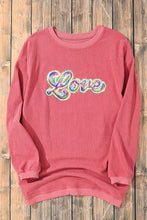 Strawberry Pink Sequin Love Graphic Drop Shoulder Corded Valentines Sweatshirt