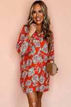 Red Floral Print Lapel Collar Loose Shirt Mini Dress