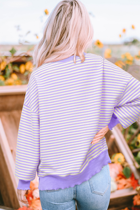 Purple Stripe mardi gras Sequin Patched Graphic Drop Shoulder Top