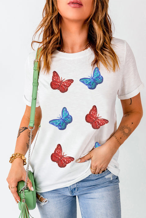 White Sequined Butterfly Graphic Casual T Shirt