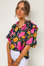 Rose Red Floral Bubble Sleeve Notch V Neck Ruffled Blouse