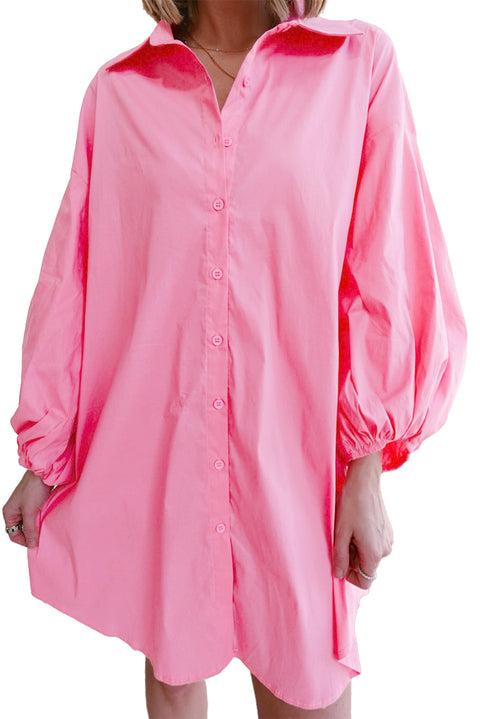 Bright Pink Balloon Sleeve Button Up Mini Shirt Dress