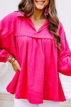 Rose Crinkle Collared V-Neck Bubble Sleeve Flowy Blouse