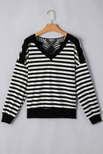 Black Stripe Crochet Hollow-out Back Buttoned Shoulder V Neck Top