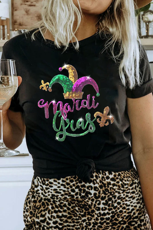 Black Mardi Gras Sequin Pattern Crew Neck T Shirt