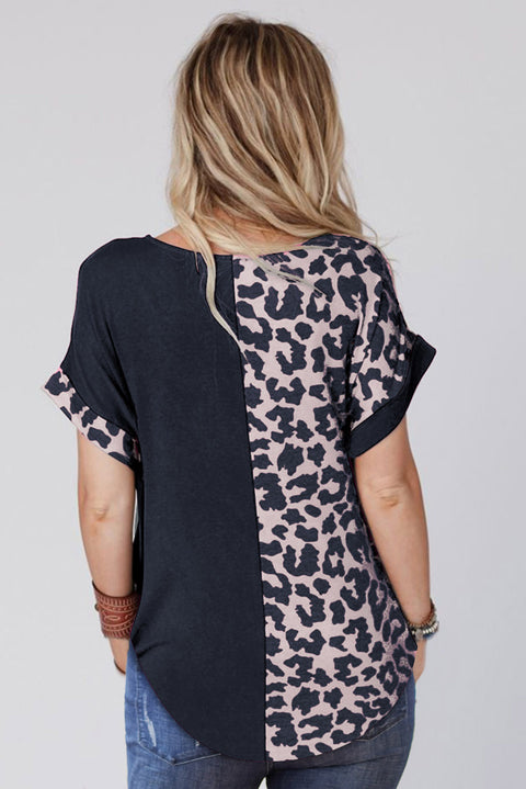 Contrast Solid Leopard Short Sleeve T-shirt Dress with Slits