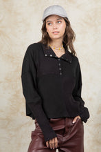 Black Ribbed Knit Snap Button Long Sleeve Top