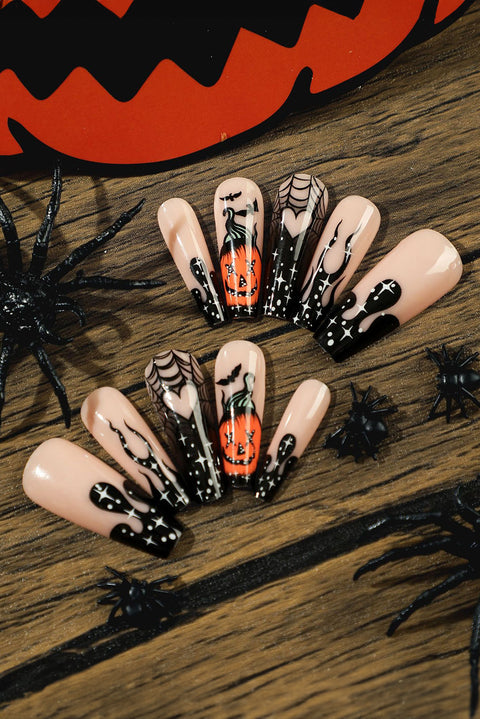 Black Halloween Pattern Long Coffin Shape False Nail Set