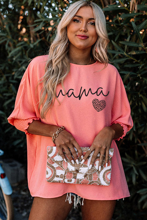 Pink mama Leopard Heart Print Shirred 3/4 Sleeve Top