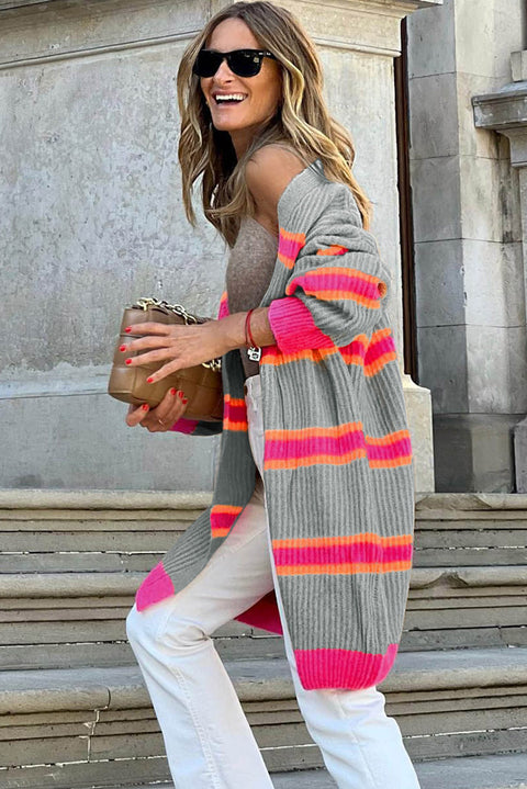 Stripe Printed Ribbed Long Knitted Cardigan