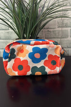 White Flower Print Zipper Square Corduroy Cosmetic Bag