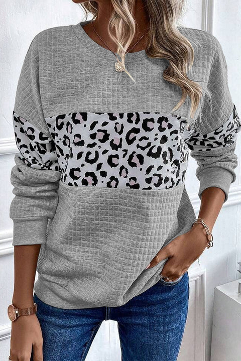 Gray Leopard Quilted Patchwork Crew Neck Sweatshirt