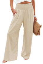 Khaki Smocked Wide Waistband High Waist Wide Leg Pants