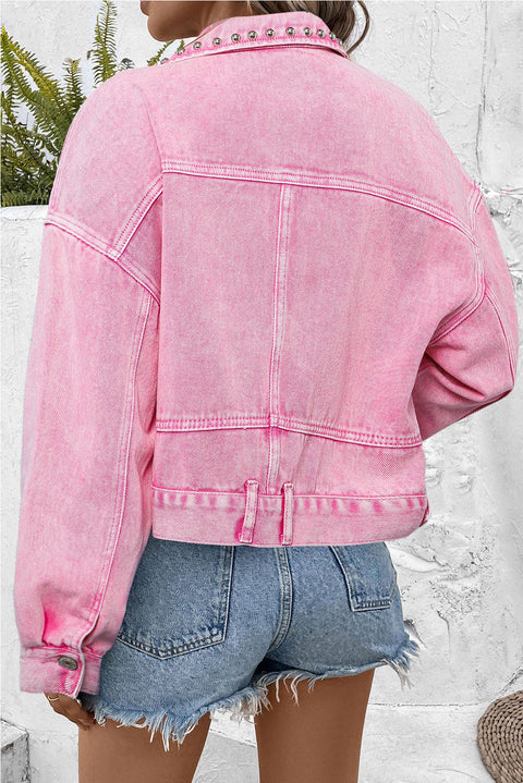 Pink Rivet Studded Pocketed Denim Jacket