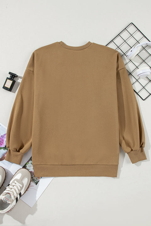 Camel Solid Fleece Lined Drop Shoulder High Low Sweatshirt