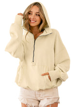 Beige Ribbed Trim Kangaroo Pocket Zipped Hoodie