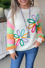 White Flower Graphic Colorblock Sleeve Crew Neck Sweater