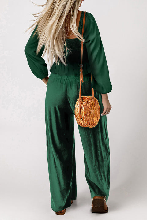 Green Square Neck Smocked Peplum Top and Pants Set