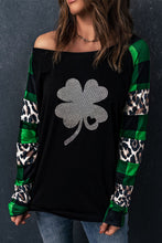 Green Leopard Plaid Patchwork Long Sleeve Rhinestone Lucky Clover Graphic Top