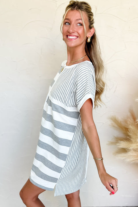 Gray Stripe Mixed Printed Short Sleeve Shift Mini T Shirt Dress