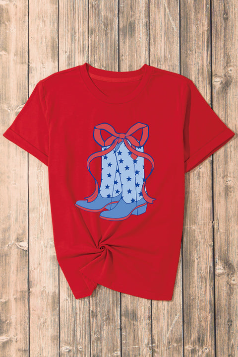 Red Western Star Boots Bow Knot Print Crew Neck T Shirt