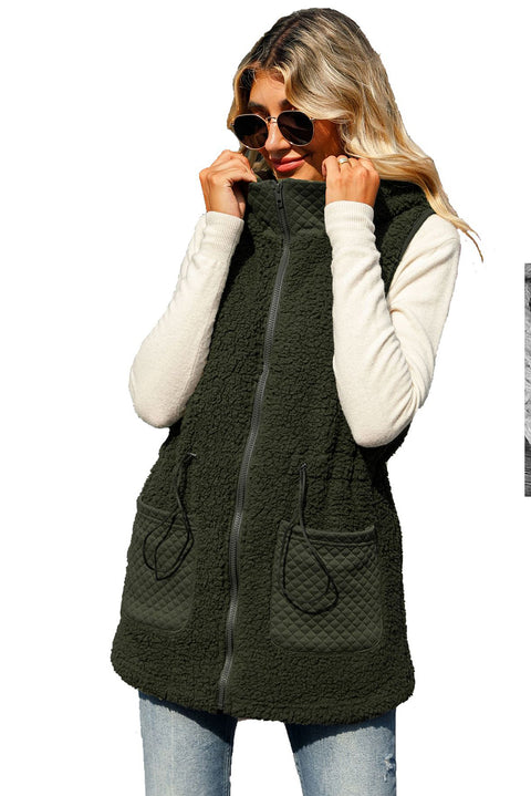 Moss Green Quilted Side Pockets Stand Neck Hooded Plush Tunic Vest