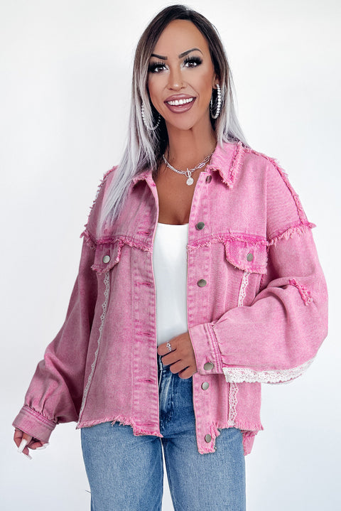 Pink Lace Patchwork Distressed Buttoned Denim Jacket