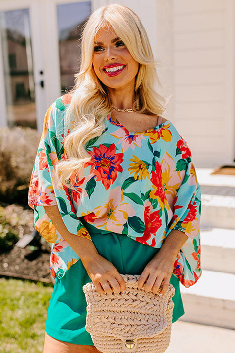 Sky Blue Plus Size Floral Print V Neck Batwing Sleeve Blouse