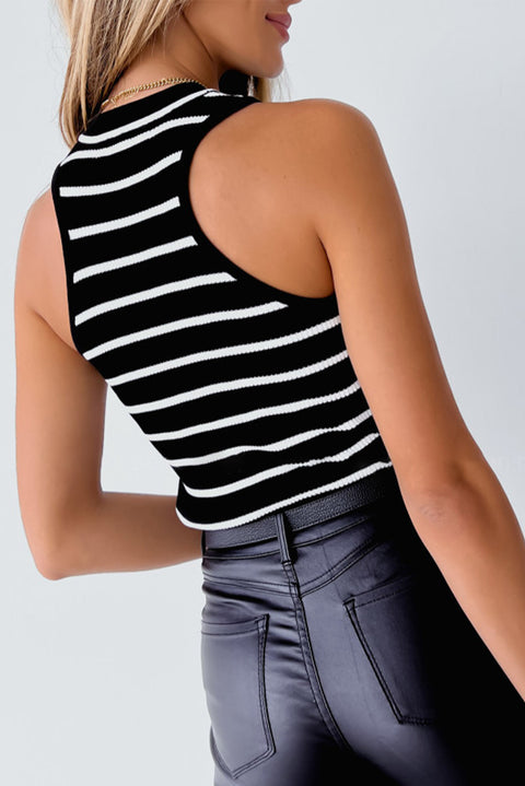 Striped Print Ribbed O-neck Sleeveless Top