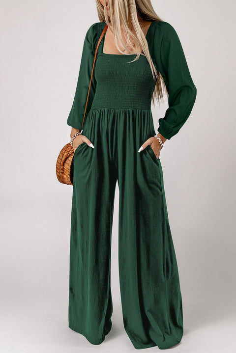 Black Smocked Square Neck Long Sleeve Wide Leg Jumpsuit