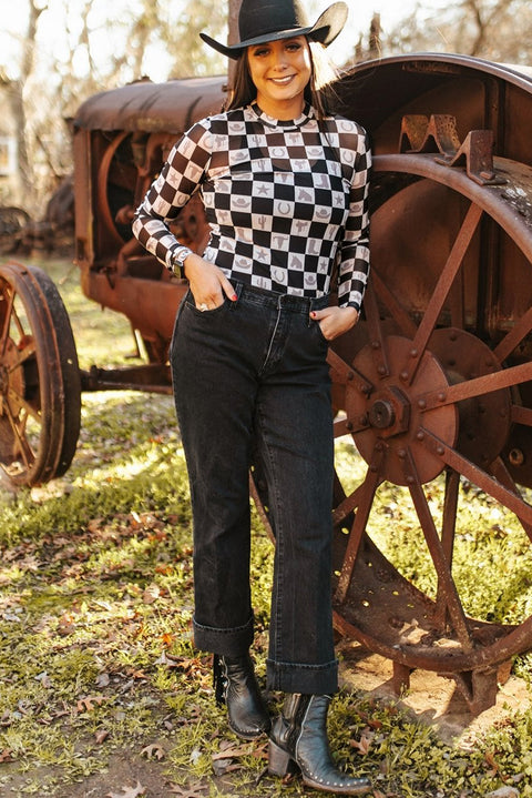 Black Checkerboard Western Elements Printed Mesh Long Sleeve Top