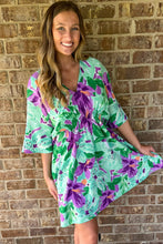 Green Boho Floral Half Sleeve V Neck Shirred Waist Mini Dress