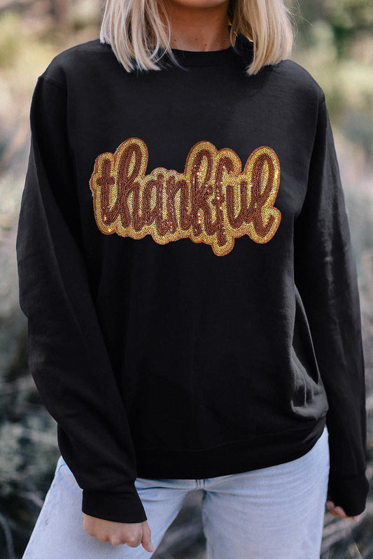 Black Glittering thankful Graphic Drop Shoulder Sweatshirt